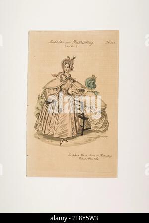 Foto della moda: Due figure, moda femminile, sconosciuto, 1834, carta, colorato, incisione su lastre di rame, altezza 23, 3 cm, larghezza 14, 5 cm, dimensioni piastra 22, 1 x 14 cm, moda, borghesia, piatti alla moda, copricapo, donna, vestito, abito, la Vienna Collection Foto Stock