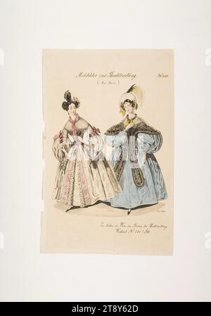 Foto della moda: Due figure, moda femminile, sconosciuto, 1835, carta, colorato, incisione su lastre di rame, altezza 23 cm, larghezza 14, 9 cm, dimensioni piastra 21, 9 x 13, 9 cm, moda, borghesia, Biedermeier, piatti alla moda, copricapo, la Vienna Collection Foto Stock