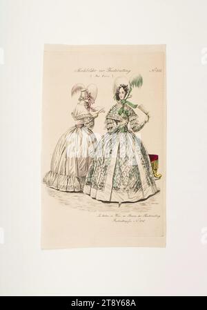 Foto della moda: Due figure, moda femminile, sconosciuto, 1837, carta, colorato, incisione su lastre di rame, altezza 23 cm, larghezza 14, 3 cm, dimensioni piastra 21 x 14 cm, moda, borghesia, piatti alla moda, testa-ingranaggio, donna, vestito, abito, la Vienna Collection Foto Stock