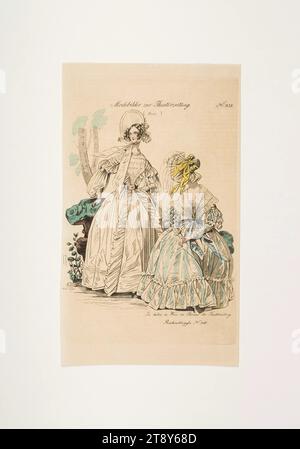 Foto della moda: Due figure, moda femminile, sconosciuto, 1837, carta, colorato, incisione su lastre di rame, altezza 23, 7 cm, larghezza 14 cm, dimensioni piastra 21 x 13, 8 cm, moda, borghesia, piatti di moda, copricapo, donna, abito, abito, The Vienna Collection Foto Stock