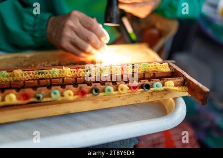 Un apicoltore seleziona larve di api per coltivare api regine in cellule di plastica regina. Larva di api, selezionata per coltivare api regine. Strumento per raccogliere larve da ho Foto Stock