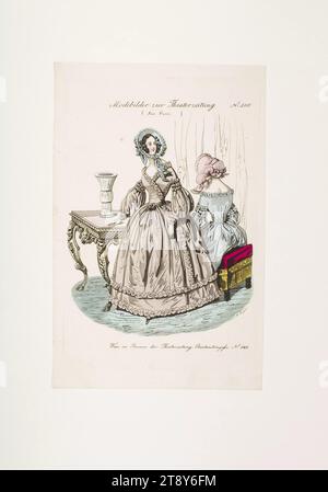 Foto della moda: Due figure, moda femminile, sconosciuto, 1840, carta, colorato, incisione su lastre di rame, altezza 23, 3 cm, larghezza 15, 1 cm, dimensioni piastra 21 x 14 cm, moda, borghesia, piatti alla moda, copricapo, donna, vestito, abito, la Vienna Collection Foto Stock