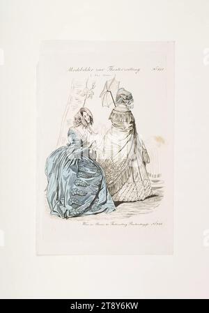 Foto della moda: Due figure, moda femminile, sconosciuto, 1841, carta, colorato, incisione su piastra di rivestimento, altezza 24 cm, larghezza 15, 6 cm, dimensioni piastra 21, 2 x 14 cm, moda, borghesia, piatti di moda, copricapo, donna, abito, abito, The Vienna Collection Foto Stock