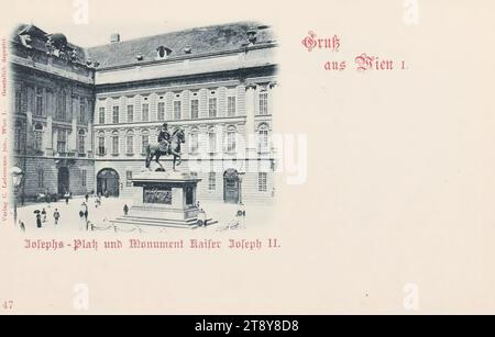 Saluti da Vienna io Josephs-Platz e Monumento all'Imperatore Giuseppe II, Carl (Karl) Ledermann Jr, produttore, Data circa 1898, Cardboard, colloype, Asburgo, monumenti storici, 1: centro città, monumento, statua, scultura, piazza, luogo, circo, ecc., con persone, nomi di edifici storici, siti, strade, ecc. (con NOME), statua equestre, imperatore Giuseppe II, la collezione di Vienna Foto Stock