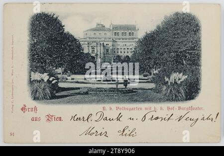 1, Volksgarten - Vista laterale del Burgtheater, cartolina fotografica, Carl (Karl) Ledermann Jr, produttore, 1898, cartone, collotipo, parco, tempo libero e ricreativo, 1: centro città, giardini pubblici, parco, fontana ornamentale, con persone, teatro (edificio), Volksgarten, la Vienna Collection Foto Stock