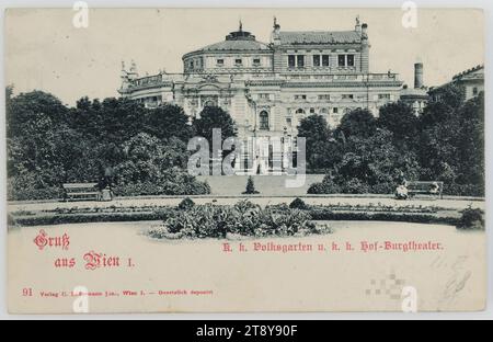 1, Volksgarten - Vista laterale del Burgtheater, cartolina fotografica, Carl (Karl) Ledermann Jr, produttore, 1898, cartone, collotipo, parco, tempo libero e ricreativo, 1: centro città, giardini pubblici, parco, teatro (edificio), con persone, Volksgarten., la Vienna Collection Foto Stock