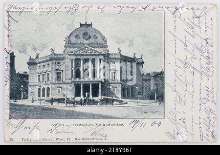 7th, Burggasse 2 - Volkstheater, cartolina, Emil Storch, produttore, 1900, cartone patinato, stampa mezzitoni, iscrizione, DA, Vienna, A, Dornbach, INDIRIZZO, Hochwohlgeboren Frau, Baurath, Dornbach, NACHRICHT, soprattutto, mi domando le condizioni di Hilda allora vi chiederei di mandarmi, se possibile, il foglio quotidiano che Alexand ha recentemente voluto darmi sotto, Kreuzband. Di fretta l'ho lasciata di recente. Con sincero. Distinti saluti, Elise, 17, 11 [19]00, teatro, media e comunicazione, cartoline con traslitterazione, 7° distretto: nuovo edificio, teatro (edificio) Foto Stock