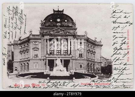 7th, Burggasse 2 - Volkstheater, cartolina fotografica, Max Jaffé (1845-1939), produttore, 1900, cartone rivestito, collotipo, iscrizione, DA, Vienna, TO, Gries-Bolzano, INDIRIZZO, Wohlgeboren Frau, in Gries-Bolzano, Hôtel 'Mon séjour', Sud Tirol, NACHRICHT, d. 5., 2. 1900, cara Mimi!, pensa che Elsa sia chiamata da domenica da Richard asta o Elster. Oggi, nel corso della mattinata, le faccio un salto. Ieri ho già iniziato a cucire il bucato. Con baci a mano a te e papà da tutta la tua Irene, tanti saluti caldi a te caro Mimerl, questo biglietto appartiene al teatro . Foto Stock