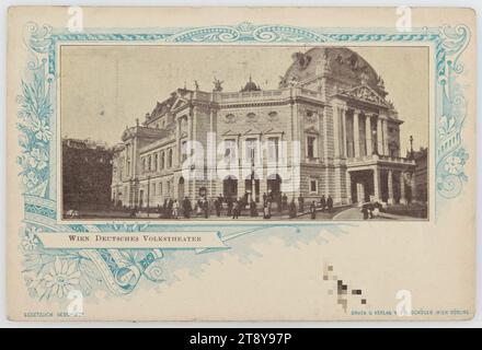 7°, Burggasse 2 - Volkstheater, cartolina fotografica, Franz Schöler († 1911), produttore, 1897, cartone patinato, stampa mezzitoni, teatro, 7° distretto: nuovo edificio, teatro (edificio), con persone, Volkstheater, Burggasse, la Vienna Collection Foto Stock