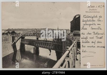 Wienfluss - Zollamtsbrücke, mit Stadtbahn, cartolina fotografica, Carl (Karl) Ledermann jun., produttore, 1904, cartone, collotipo, iscrizione, DA, Vienna, A, Vienna, INDIRIZZO, Sig. [Name], Vienna, IX Pelikangasse 14th, MESSAGE, Vienna I. 10.I.04., tardivamente il più caldo saluto di Capodanno da parte della vostra Camilla, che ha rinnovato la sua conoscenza con Trudl Mittler on the Ice, Public Transport, Vienna intorno al 1900, River Wien, Media and Communication, Stadtbahn, traffico e trasporti, cartoline con traslitterazione, ponte, con persone, canali, acque (in città), calligrafia Foto Stock