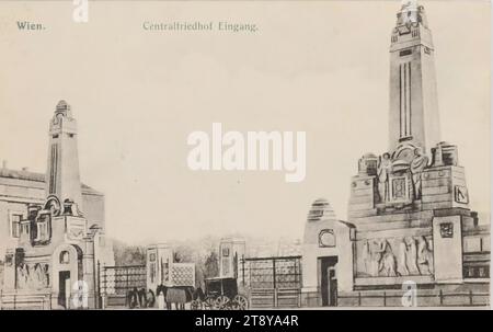 11°, Zentralfriedhof - ingresso principale, cartolina fotografica, Brüder Kohn KG (B. K. W. I.), produttore, Data intorno al 1906, cartone, collotipo, altezza x larghezza 9 x 14 cm, malattia e morte, undicesimo distretto: sobbollire, sagrato, cimitero, veicolo trainato da animali a quattro ruote, ad esempio cabina, carrozza, carrozza, cimitero centrale, la Vienna Collection Foto Stock