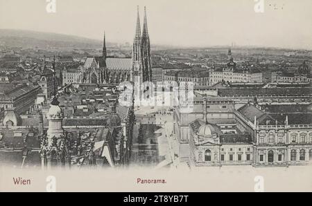 Vienna, panorama, Sperlings Postkartenverlag (M. M. S.), produttore, 1900-1905, cartone, collotipo, altezza x larghezza 9 x 14 cm, attrazioni turistiche, università, 1 ° distretto: centro città, municipio, chiesa (esterno), strada, tetto (di casa o edificio), con persone, la collezione Vienna Foto Stock