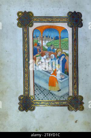 Libro delle ore, uso dei Canonici agostiniani del capitolo di Windesheim, incisione, completata per uso liturgico dei Canonici agostiniani del capitolo di Windesheim ca. 1450, questo Libro delle ore presenta undici miniature esistenti e nove iniziali storiate. Il manoscritto è stato illuminato dal Master of the Gand Privileges e dai suoi associati, probabilmente a Tournai. Oltre a occasionali aggiunte marginali, questo Libro delle ore presenta anche alcune araldiche che attestano una storia cara Foto Stock