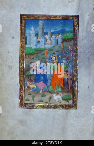 Libro delle ore, uso dei Canonici agostiniani del capitolo di Windesheim, tradimento e arresto di Cristo, completato per uso liturgico dei Canonici agostiniani del capitolo di Windesheim ca. 1450, questo Libro delle ore presenta undici miniature esistenti e nove iniziali storiate. Il manoscritto è stato illuminato dal Master of the Gand Privileges e dai suoi associati, probabilmente a Tournai. Oltre a occasionali aggiunte marginali, questo Libro delle ore presenta anche alcune araldiche che attestano una storia cara Foto Stock