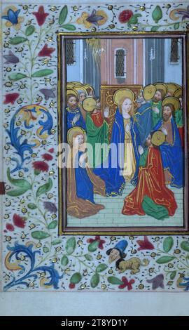 Libro delle ore (uso di Roma), Pentecoste, questo libro delle ore fiammingo tascabile fu creato a Bruges tra il 1460 e il 1470. Un pesante contingente di santi olandesi del sud e francesi del nord nella litania aiuta a localizzare la sua produzione. La scrittura italiana e successivamente la provenienza italiana suggeriscono che il manoscritto potrebbe essere stato creato per un membro della comunità italiana di Bruges. Contiene dodici miniature a pagina intera prodotte da un singolo artista che lavora nello stile del prolifico illuminatore fiammingo della metà del XV secolo Willem Vrelant Foto Stock
