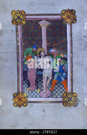 Libro delle ore, uso dei canoni agostiniani del capitolo di Windesheim, Flagellazione, completato per uso liturgico dei canoni agostiniani del capitolo di Windesheim ca. 1450, questo Libro delle ore presenta undici miniature esistenti e nove iniziali storiate. Il manoscritto è stato illuminato dal Master of the Gand Privileges e dai suoi associati, probabilmente a Tournai. Oltre a occasionali aggiunte marginali, questo Libro delle ore presenta anche alcune araldiche che attestano una storia cara Foto Stock