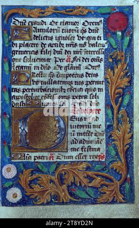 Libro delle ore, apertura delle ore della Vergine con bordo fogliato, questo libro delle ore fu probabilmente prodotto a Bruges nel 1480-90, come testimoniato dai santi nel Calendario. La provenienza non è certa, tuttavia, dal momento che Bayeux e St. Riquier è attestato anche dalla litania e dall'uso dell'Ufficio dei morti. È illuminato da pittori del circolo di Willem Vrelant e del cosiddetto Maestro del Libro di preghiera Nero. Le sontuose miniature a pagina intera in grisaille nere, così come l'apertura frontale delle ore, sono incorniciate da bordi di fogliame e sbavature Foto Stock