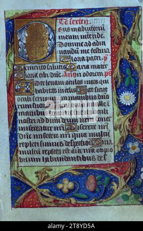 Libro delle ore, apertura delle ore della Vergine con bordo fogliato, questo libro delle ore fu probabilmente prodotto a Bruges nel 1480-90, come testimoniato dai santi nel Calendario. La provenienza non è certa, tuttavia, dal momento che Bayeux e St. Riquier è attestato anche dalla litania e dall'uso dell'Ufficio dei morti. È illuminato da pittori del circolo di Willem Vrelant e del cosiddetto Maestro del Libro di preghiera Nero. Le sontuose miniature a pagina intera in grisaille nere, così come l'apertura frontale delle ore, sono incorniciate da bordi di fogliame e sbavature Foto Stock