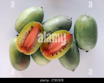 Berlino, Germania. 7 novembre 2023. Una bacca di kiwi verde tagliata a metà giace su un piatto di frutta intera. Credito: Soeren Stache/dpa/Alamy Live News Foto Stock