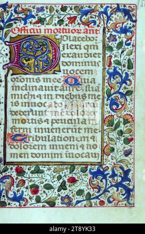 Libro delle ore, questo Libro delle ore è stato creato nel 1460-70 circa nella regione di Bruges da artisti influenzati dal famoso illuminatore Willem Vrelant. Le sue quindici miniature sopravvissute sono state pesantemente ridipinte, così come molti dei confini, e Lillian Randall ha suggerito che questa campagna di ristrutturazione fosse stata probabilmente richiesta da un proprietario successivo che potrebbe essere raffigurato nell'immagine del giudizio universale completamente rifatta Foto Stock