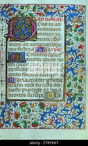 Libro delle ore, decorato iniziale, questo Libro delle ore è stato creato nel 1460-70 circa nella regione di Bruges da artisti influenzati dal famoso illuminatore Willem Vrelant. Le sue quindici miniature sopravvissute sono state pesantemente ridipinte, così come molti dei confini, e Lillian Randall ha suggerito che questa campagna di ristrutturazione fosse stata probabilmente richiesta da un proprietario successivo che potrebbe essere raffigurato nell'immagine del giudizio universale completamente rifatta Foto Stock