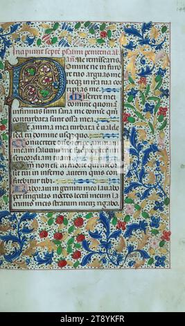 Libro delle ore, decorato iniziale, 144r, questo Libro delle ore illuminato ca. 1470 contiene splendidi esempi di miniature a pagina intera nello stile di Willem Vrelant, molto probabilmente originario di Bruges. Dato che diversi cicli di preghiera contengono indicazioni di una donna fornitrice, così come una maggioranza di santi femminili nella litania, il libro era o posseduto o co-posseduto da una donna Foto Stock