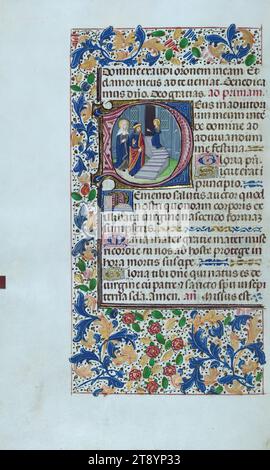 Libro delle ore, presentazione della Vergine, questo Libro delle ore illuminato ca. 1470 contiene splendidi esempi di miniature a pagina intera nello stile di Willem Vrelant, molto probabilmente originario di Bruges. Dato che diversi cicli di preghiera contengono indicazioni di una donna fornitrice, così come una maggioranza di santi femminili nella litania, il libro era o posseduto o co-posseduto da una donna Foto Stock