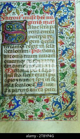 Libro delle ore, decorato iniziale, questo Libro delle ore è stato creato nel 1460-70 circa nella regione di Bruges da artisti influenzati dal famoso illuminatore Willem Vrelant. Le sue quindici miniature sopravvissute sono state pesantemente ridipinte, così come molti dei confini, e Lillian Randall ha suggerito che questa campagna di ristrutturazione fosse stata probabilmente richiesta da un proprietario successivo che potrebbe essere raffigurato nell'immagine del giudizio universale completamente rifatta Foto Stock