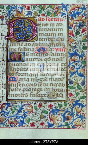 Libro delle ore, decorato iniziale, questo Libro delle ore è stato creato nel 1460-70 circa nella regione di Bruges da artisti influenzati dal famoso illuminatore Willem Vrelant. Le sue quindici miniature sopravvissute sono state pesantemente ridipinte, così come molti dei confini, e Lillian Randall ha suggerito che questa campagna di ristrutturazione fosse stata probabilmente richiesta da un proprietario successivo che potrebbe essere raffigurato nell'immagine del giudizio universale completamente rifatta Foto Stock