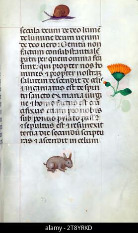 Libro delle ore, questo manoscritto è stato creato CA. 1500 a Bruges o Gand, e fu influenzato dal Maestro dei libri di preghiera, dal Maestro del Libro di preghiera di Dresda e dal Maestro delle Scene di David nel breviario di Grimani. Probabilmente è stato fatto per una patrona femminile con affinità francescana, come suggerito dal contenuto del calendario. Il libro è pesantemente illuminato con diciannove miniature, marginalia su pagine senza miniature, e ventiquattro illuminazioni del calendario, quest'ultimo include segni zodiacali abbinati a illustrazioni del lavoro del mese Foto Stock