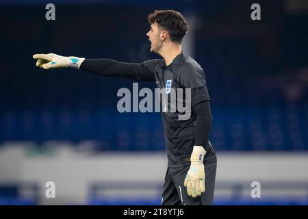 Liverpool martedì 21 novembre 2023. James Trafford, il numero 1 dell'Inghilterra, gesticola durante la partita del girone F del Campionato europeo Under 21 tra Inghilterra e Irlanda del Nord a Goodison Park, Liverpool, martedì 21 novembre 2023. (Foto: Mike Morese | mi News) crediti: MI News & Sport /Alamy Live News Foto Stock