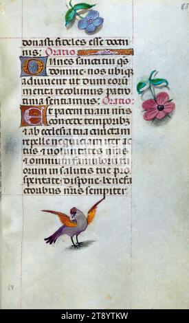 Libro delle ore, questo manoscritto è stato creato CA. 1500 a Bruges o Gand, e fu influenzato dal Maestro dei libri di preghiera, dal Maestro del Libro di preghiera di Dresda e dal Maestro delle Scene di David nel breviario di Grimani. Probabilmente è stato fatto per una patrona femminile con affinità francescana, come suggerito dal contenuto del calendario. Il libro è pesantemente illuminato con diciannove miniature, marginalia su pagine senza miniature, e ventiquattro illuminazioni del calendario, quest'ultimo include segni zodiacali abbinati a illustrazioni del lavoro del mese Foto Stock