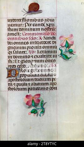 Libro delle ore, questo manoscritto è stato creato CA. 1500 a Bruges o Gand, e fu influenzato dal Maestro dei libri di preghiera, dal Maestro del Libro di preghiera di Dresda e dal Maestro delle Scene di David nel breviario di Grimani. Probabilmente è stato fatto per una patrona femminile con affinità francescana, come suggerito dal contenuto del calendario. Il libro è pesantemente illuminato con diciannove miniature, marginalia su pagine senza miniature, e ventiquattro illuminazioni del calendario, quest'ultimo include segni zodiacali abbinati a illustrazioni del lavoro del mese Foto Stock