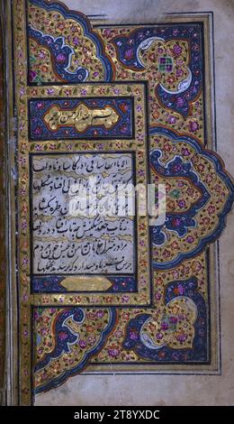 Raccolta di poesie (divan), frontespizio miniato a doppia pagina, una copia illustrata della raccolta di poesie (Dīvān) di Shams al-Dīn Muḥammad Ḥāfiz al-Shīrāzī che fiorì nel VII secolo AH / XIV. L'attuale codice è stato copiato da Mullā Muḥammad Qāsim Hamadānī nel 1210 AH /1796 CE in India e contiene 48 miniature Foto Stock