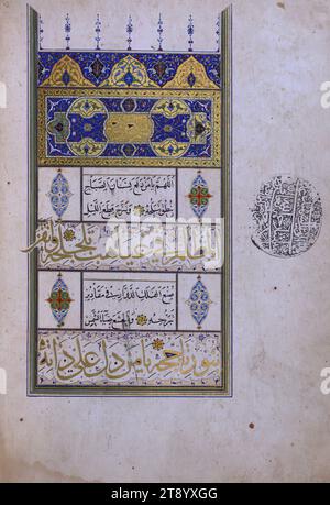 Preghiera manoscritta illuminata, pagina di Incipit con un copricapo decorato contenente un cartiglio con la formula doxologigale (basmalah) in scrittura tawqīʿ, questo codice elegantemente calligrafato e illuminato contiene una preghiera (wird) intitolata Miftāḥ al-najāḥ attribuita a ʿAlī ibn Abī Ṭālib, il quarto califfo dell'Islam. Il manoscritto fu eseguito da Shaykh Kamāl ibn ʿAbd al-Ḥaqq al-Sabzawārī ad Astarabad (attuale Gorgan, Iran) nel 941 AH / 1534 d.C. Foto Stock