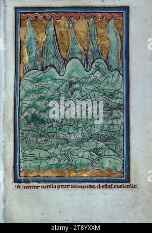 Manoscritto miniato, Bible Pictures di William de Brailes, The Flood of Noah, Un volume comprendente ventiquattro foglie di Bible Pictures di W. de Brailes, un artista inglese attivo a Oxford nella metà del XIII secolo. Sette foglie dello stesso set di immagini sono ora al Musee Marmottan di Parigi. Queste 31 foglie sono tutto ciò che rimane di un ciclo di immagini che una volta conteneva almeno 98 miniature, e che è stato il ciclo più lungo di miniature bibliche sopravvissute dal XIII secolo in Inghilterra Foto Stock