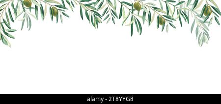 Cornice orizzontale, bordo con rami d'oliva e frutti verdi. Illustrazione a mano dell'acquerello. Perfetto come banner Web, biglietto da visita e invito Foto Stock