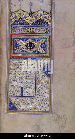 Tre brevi opere sufi, Incipit page con titolo miniato, questo è un manoscritto miniato composto da tre brevi opere sul Sufismo di Nūr al-Dīn ʿAbd al-Raḥmān Jāmī (d. 898 AH / 1492 CE), prodotte a Safavid Iran. La prima opera si chiama Lavāyiḥ e consiste in una raccolta di aftegmi. La seconda opera è un commento al famoso "poema del vino" arabo (Khamrīyah) di ʿUmar ibn Fāriḍ (d. 632 AH / 1235 d.C.). La terza opera è un commento al canto del flauto dall'inizio del Mas̱navī di Jalāl al-Dīn Rūmī (d. 672 AH / 1273 d.C.) Foto Stock