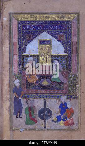 Raccolta di poesie (divan), frontespizio illustrato a doppia pagina raffigurante una scena di corte, si tratta di una copia miniata e illustrata manoscritta della raccolta di poesie (dīvān) di Shams al-Dīn Muḥammad Ḥāfiz al-Shīrāzī (fl. VIII secolo AH / XIV d.C.). È stato scritto in nero nasta‘līq con titoli di capitolo/sezione in inchiostro oro da Zayn al-‘Ābidīn ‘Abd al-Raḥmān al-Jāmī nel 918 AH / 1512 CE in Safavid Iran. Il manoscritto si apre con un medaglione illuminato, seguito da un frontespizio illustrato di due pagine. Il testo inizia con una pagina di incipit con un copricapo illuminato Foto Stock