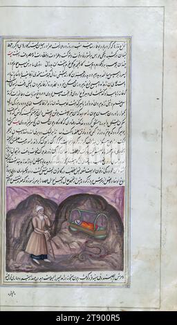 Le luci di Canopo, Un santo uomo è perplesso dopo aver ucciso il fedele donnola che uccise un serpente per proteggere il figlio neonato del santo, questa è una copia illuminata e illustrata di Anvār-i Suhaylī (le luci di Canopo), risalente al XIII secolo AH / XIX d.C. È una versione persiana di Kalīlah wa-Dimnah (le favole di Bīdpāy). È stato completato il 26 Jumādá i 1264 AH / 1847 CE da Mīrzā Raḥīm. Il testo è scritto in nastaʿliq con inchiostro nero e rosso, rivelando l'influenza della scrittura shikastah. Ci sono 123 dipinti che illustrano il testo Foto Stock