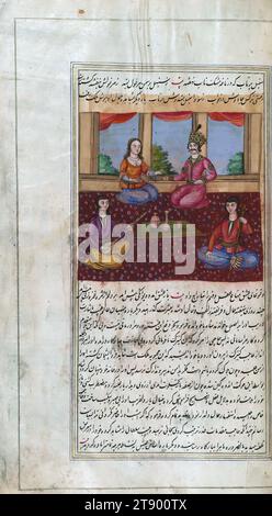 Le luci di Canopus, il sovrano di Baghdad e la sua bellissima schiava cinese sono intrattenute da musicisti, si tratta di una copia illuminata e illustrata di Anvār-i Suhaylī (le luci di Canopus), risalente al XIII secolo AH / XIX d.C. È una versione persiana di Kalīlah wa-Dimnah (le favole di Bīdpāy). È stato completato il 26 Jumādá i 1264 AH / 1847 CE da Mīrzā Raḥīm. Il testo è scritto in nastaʿliq con inchiostro nero e rosso, rivelando l'influenza della scrittura shikastah. Ci sono 123 dipinti che illustrano il testo Foto Stock