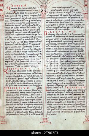 Manoscritto miniato, Gloss on the lamentations of Geremia, Arcade with Orant figure, questa copia illustrata delle lamentazioni di Geremia con la lucentezza (o interpretazione) di Gilberto d'Auxerre fu scritta in Austria nella seconda metà del XII secolo e proviene dal monastero di Seitenstetten. Gilbert morì nel 1134, e il manoscritto è uno dei primi e importanti testimoni del suo testo. La lucentezza è scritta in un piccolo script ed è sia interlineare che marginale. Questo layout è tipico dei libri della Bibbia del XII secolo Foto Stock