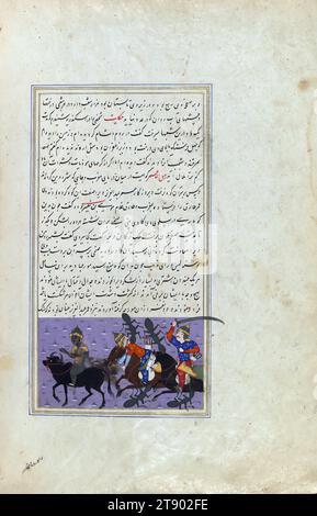 Wonders of Creation, Warriors on Horse Fight huge ants at Jabal al-aḥmar, questa è una copia illuminata e illustrata di una versione persiana della famosa ʿAjā'ib al-makhlūqāt (meraviglie della creazione) di Zakariyāʾ al-Qazwīnī (d. 682 AH / 1283 d.C.), composta da Shams al-Dīn Muḥammad al-Ṭūsī (fl. vi secolo AH / dodicesimo CE). Il testo, in alfabeto nero nastaʿlīq, potrebbe essere stato scritto da uno scriba iraniano nel X secolo AH / XVI d.C. nella Turchia ottomana. Si apre con un medaglione illuminato con l'iscrizione del nome dell'autore, seguito da un incipit illuminato a doppia pagina Foto Stock