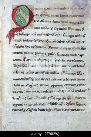 Manoscritto miniato, copia glossed di Graecismus di Eberardo di Bethune, Initial Q, questo manoscritto tedesco, scritto su carta ca. 1440, è una copia del poema grammaticale Graecismus di Eberardo di Béthune del XIII secolo. Il poema è qui accompagnato dall'estesa lucentezza di Jean-Vincent Metulin, uno studioso del sud della Francia. Avendo funzionato come un libro di testo, le condizioni del manoscritto suggeriscono che fosse ben utilizzato dagli studenti desiderosi di memorizzare e comprendere le idee di Béthune sull'uso grammaticale delle parole greche Foto Stock