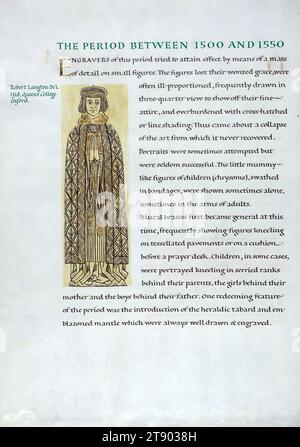 English Brasses, Illustration of Robert Langton DCL 1518, Queen's College Oxford, John Woodcock, un calligrafo del ventesimo secolo, scritto a mano, illustrato e rilegato questo libro su English Brasses. Il manoscritto contiene disegni di strofinature di ottone di molti cavalieri e nobili, tra cui Sir John d'Abernon, Thomas de Hope e Nichol de Gore, nonché di nobili donne come le mogli di Reginald de Malyns, Nicholas Wadham e Nicholas Wotton Foto Stock