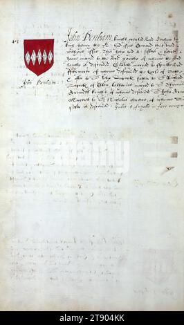 Libro di araldica inglese, Arms of John Denham, questo libro di araldica inglese è stato completato ca. 1589. Il manoscritto apparteneva alla famiglia Spencer, nota attraverso iscrizioni sui primi volani, tra cui il motto "Dieu defende le Droit" (Dio difende la destra). Questo motto è stato a lungo associato alla famiglia Spencer d'Inghilterra, che è la linea di famiglia della principessa Diana, così come gli Spencers che furono tra i fondatori della Virginia Foto Stock