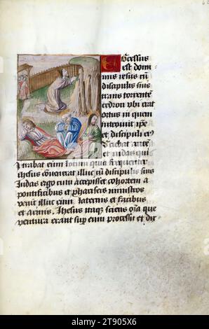 Libro di preghiere, Cristo che prega nel Giardino del Getsemani, questo libro di preghiere illuminato dell'inizio del XVI secolo contiene preghiere latine e passaggi dei Vangeli. Anche se piccola in scala, è notevole per la sua abbondanza di illuminazioni, con quasi sessanta piccole miniature esistenti. I ritratti a colori abbelliscono le preghiere alla Vergine e alle suffragie, mentre le immagini all'interno della narrazione evangelica sono rese principalmente in grisaille, una tecnica monocromatica quasi interamente grigia. Gli ultimi fogli includono un margine fogliato trompe-l'oeil e una Crocifissione che sembra essere un'aggiunta successiva Foto Stock