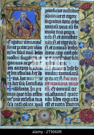 Masters of the Dark Eyes Missal, Initial T with God the Father, questo Missal latino è stato scritto a Utrecht, Paesi Bassi, ca. 1500. I ritratti dei proprietari originali, i cui nomi non sono registrati, sono accompagnati da un'araldica indicante che il marito apparteneva alla famiglia di S.. Férréol di Delfinato; la moglie era della famiglia Cambronne di Ponthieu. Il manoscritto è pesantemente illuminato con più di cinquanta iniziali storiate e miniature da un gruppo di artisti noti in borsa come "Masters of the Dark Eyes" Foto Stock