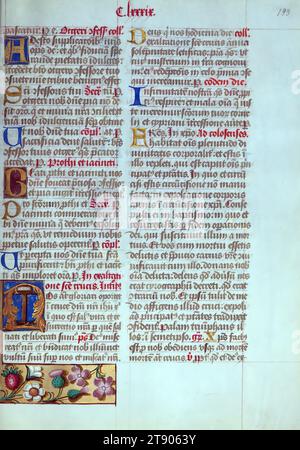 Masters of the Dark Eyes Missal, Initial N con la croce, questo Missale latino è stato scritto a Utrecht, Paesi Bassi, ca. 1500. I ritratti dei proprietari originali, i cui nomi non sono registrati, sono accompagnati da un'araldica indicante che il marito apparteneva alla famiglia di S.. Férréol di Delfinato; la moglie era della famiglia Cambronne di Ponthieu. Il manoscritto è pesantemente illuminato con più di cinquanta iniziali storiate e miniature da un gruppo di artisti noti in borsa come "Masters of the Dark Eyes". Anche la decorazione marginale è notevole, perché insieme a fiori naturalistici, insetti, Foto Stock