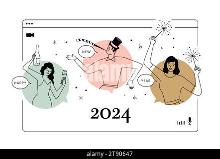 Amici che festeggiano il nuovo anno online, Virtual Party tramite videochiamate Illustrazione Vettoriale